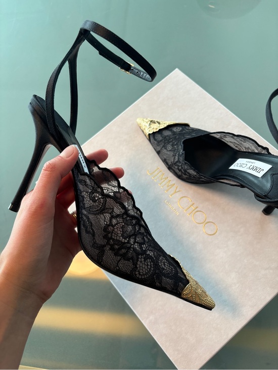 Jimmy Choo Shoes - Jimmy Choo Faiz 100 Black Lace Pointed Toe Heels with Gold Toe Cap